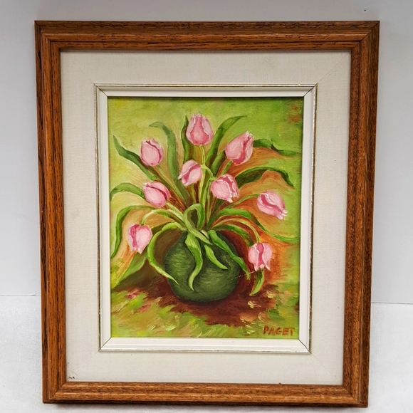 Artist signed framed still life oil painting of pink tulips in a vase - Picture 1 of 6